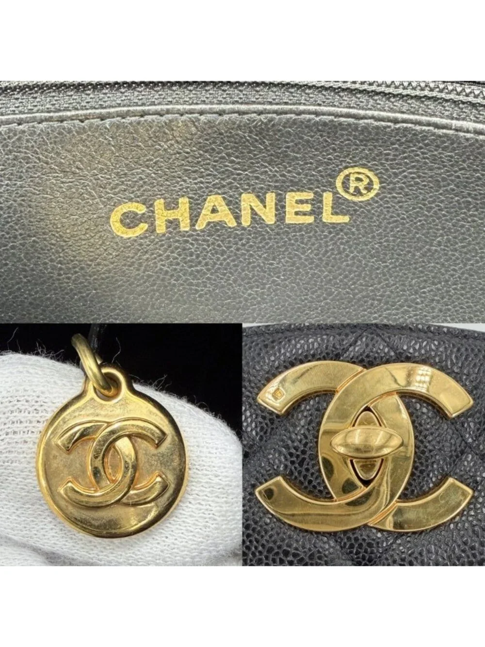 Chanel Big Handbag Quilted CC Logo Chain Tote Shoulder Caviar Leather Black Gold